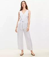 Striped Tie Front Linen Blend Jumpsuit