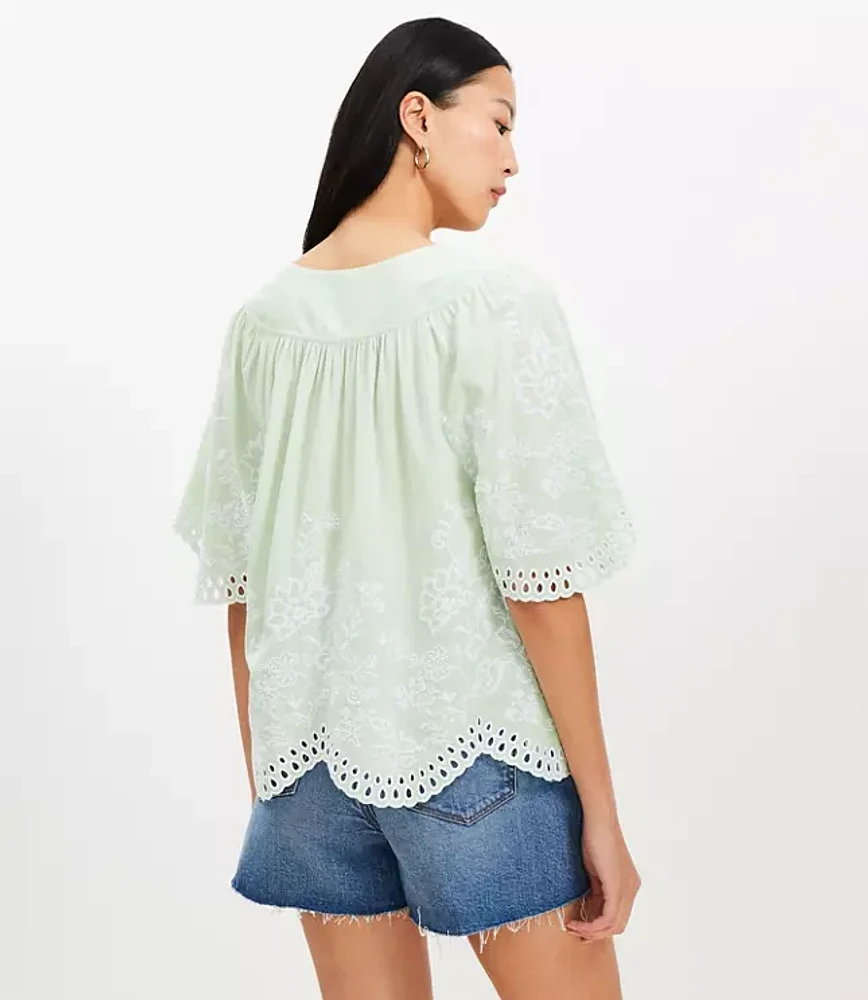 Floral Eyelet V-Neck Blouse
