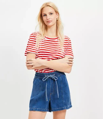High Rise Drawstring Denim Shorts Classic Mid Wash