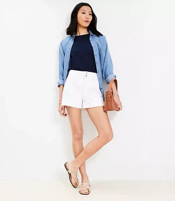 Petite Seamed High Rise Denim Shorts in White