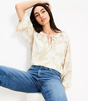 Petite Floral Tie Neck Flare Sleeve Blouse