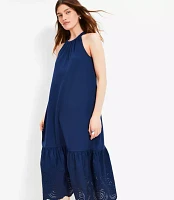 Eyelet Poplin Mixed Media Maxi Halter Dress