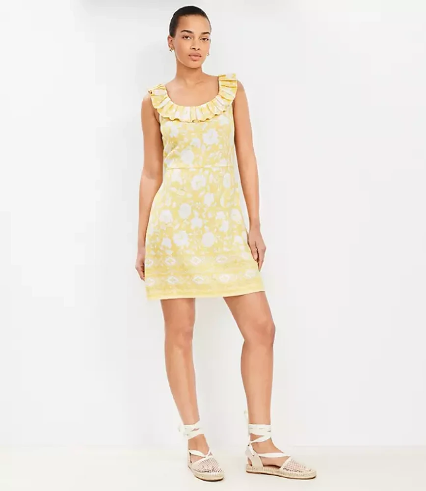 Petite Floral Linen Blend Ruffle Neck Mini Dress