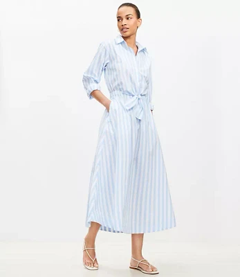 Petite Striped Poplin Tie Front Pocket Shirtdress