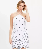 Petite Embroidered Linen Blend Mini Halter Dress