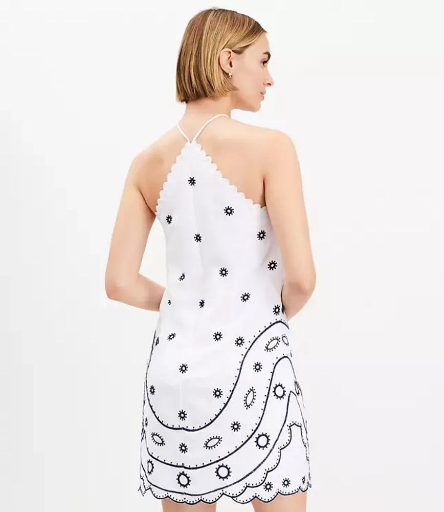 Petite Embroidered Linen Blend Mini Halter Dress