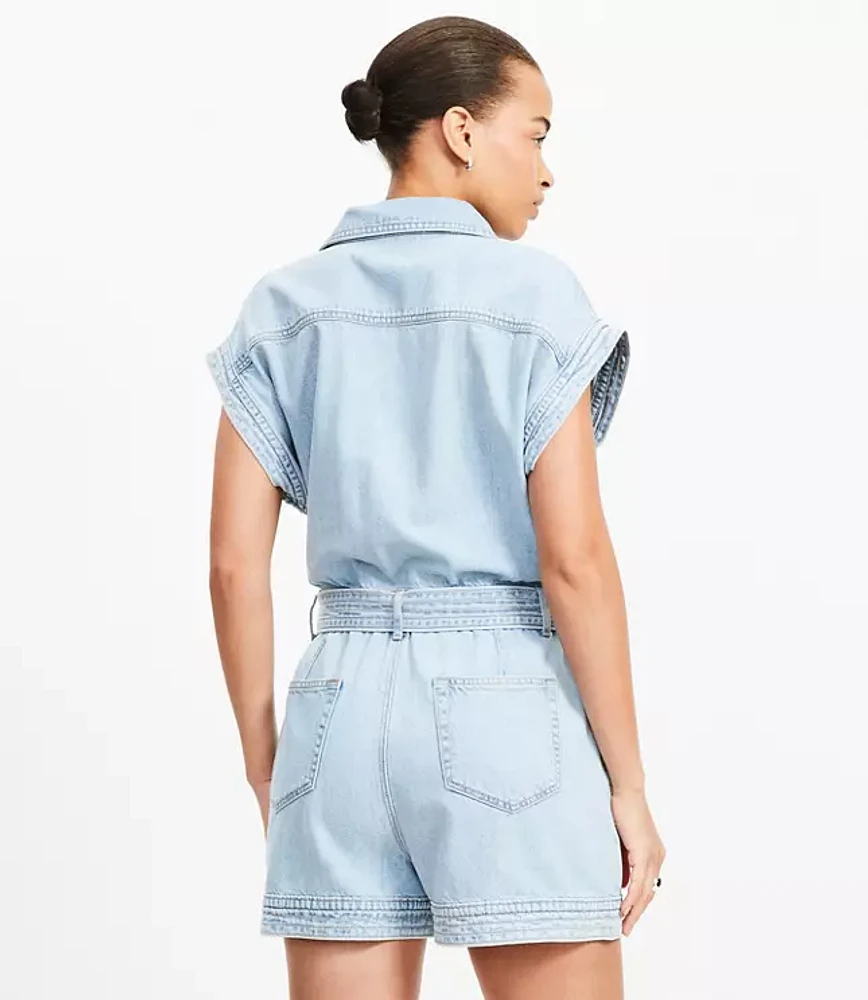 Petite Denim Utility Romper Light Wash