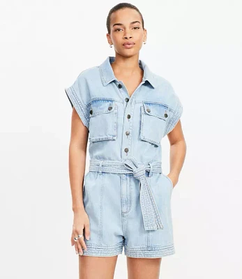 Petite Denim Utility Romper Light Wash