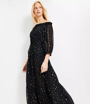 Shimmer Clip Balloon Sleeve Off The Shoulder Midi Dress