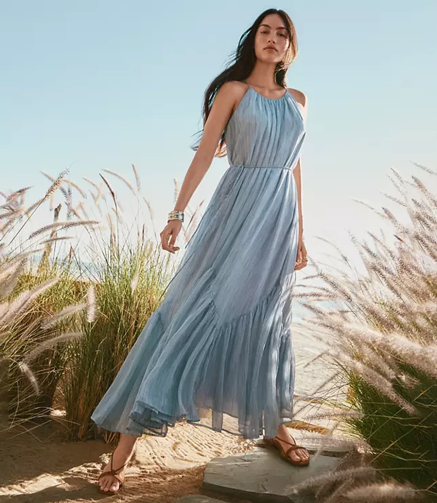 Petite Striped Flounce Maxi Halter Dress