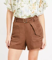 Belted Patch Pocket Shorts Linen Blend