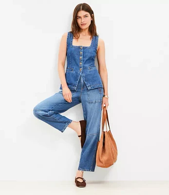 Petite Denim Square Neck Pocket Vest Top Classic Mid Wash