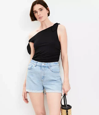 Flip Hem High Rise Cut Off Denim Shorts Light Vintage Indigo Wash