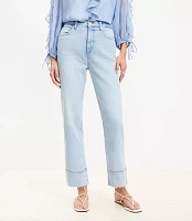 Petite Curvy Fresh Cut Cuffed High Rise Straight Jeans Light Wash Indigo