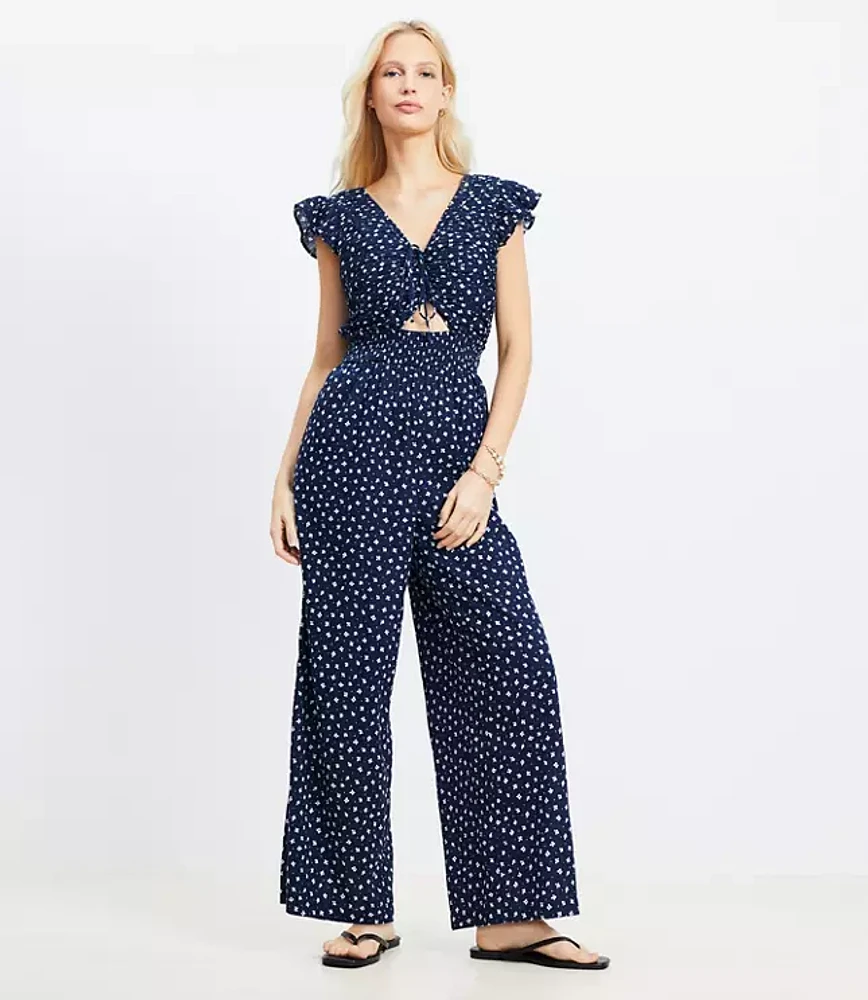 Petite LOFT Beach Floral Crinkle Cutout Flutter Jumpsuit