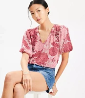 Petite Floral Bubble Sleeve Mixed Media Blouse