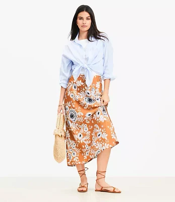 Petite Floral Satin Bias Midi Skirt