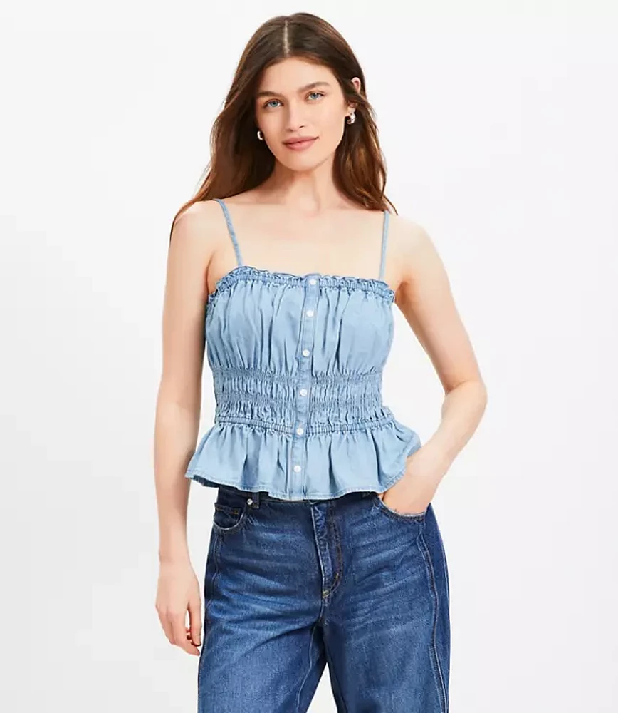 Petite Chambray Ruffle Smocked Button Cami