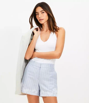 Floral Embroidered Stripe Riviera Shorts in Linen Blend
