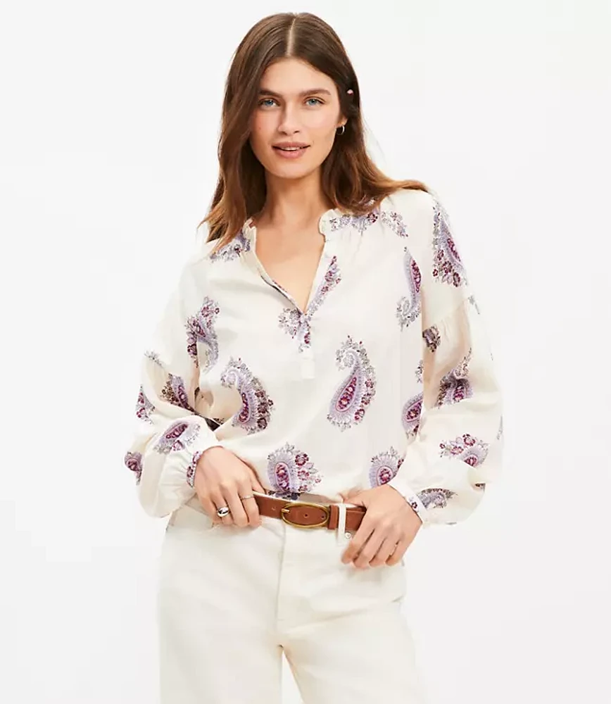 Petite Paisley Draped Sleeve Henley Blouse