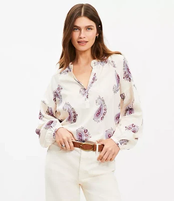 Petite Paisley Draped Sleeve Henley Blouse