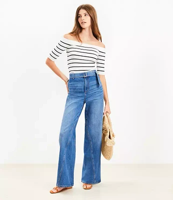 Petite Belted Slim Wide Leg Jeans Bright Medium Stone Wash