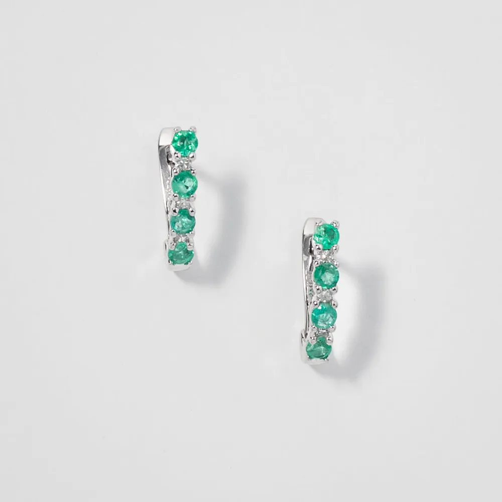 Emerald and Diamond Claw-Set J-Hoop Earrings in 10/14K White Gold