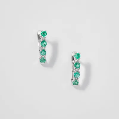 Emerald and Diamond Claw-Set J-Hoop Earrings in 10/14K White Gold