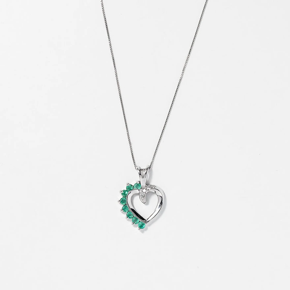 Heart Shape Emerald and Diamond Pendant in 10K White Gold