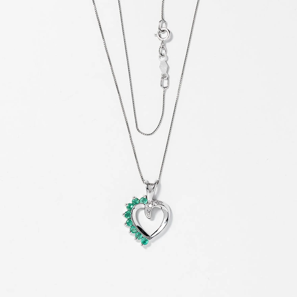 Heart Shape Emerald and Diamond Pendant in 10K White Gold