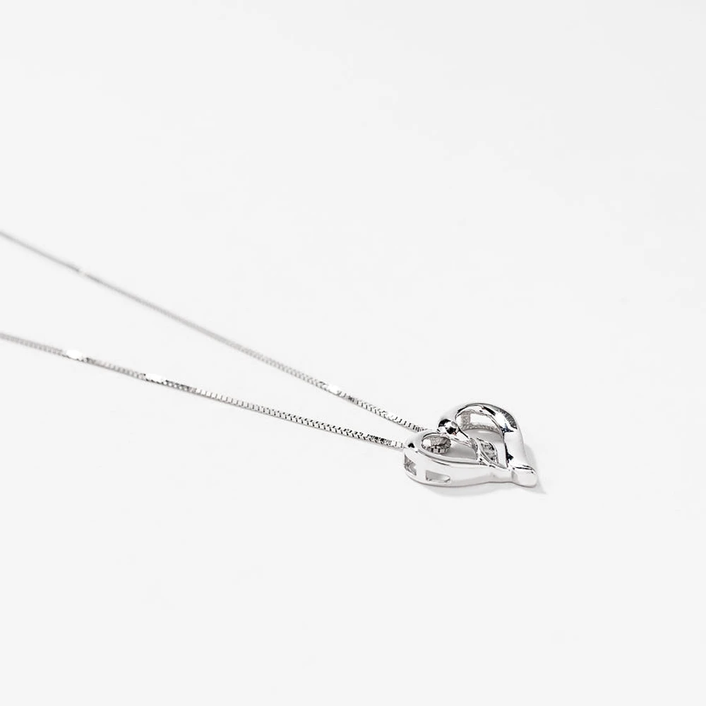Diamond Heart Ribbon Necklace in 10K White Gold (0.015ct tw)
