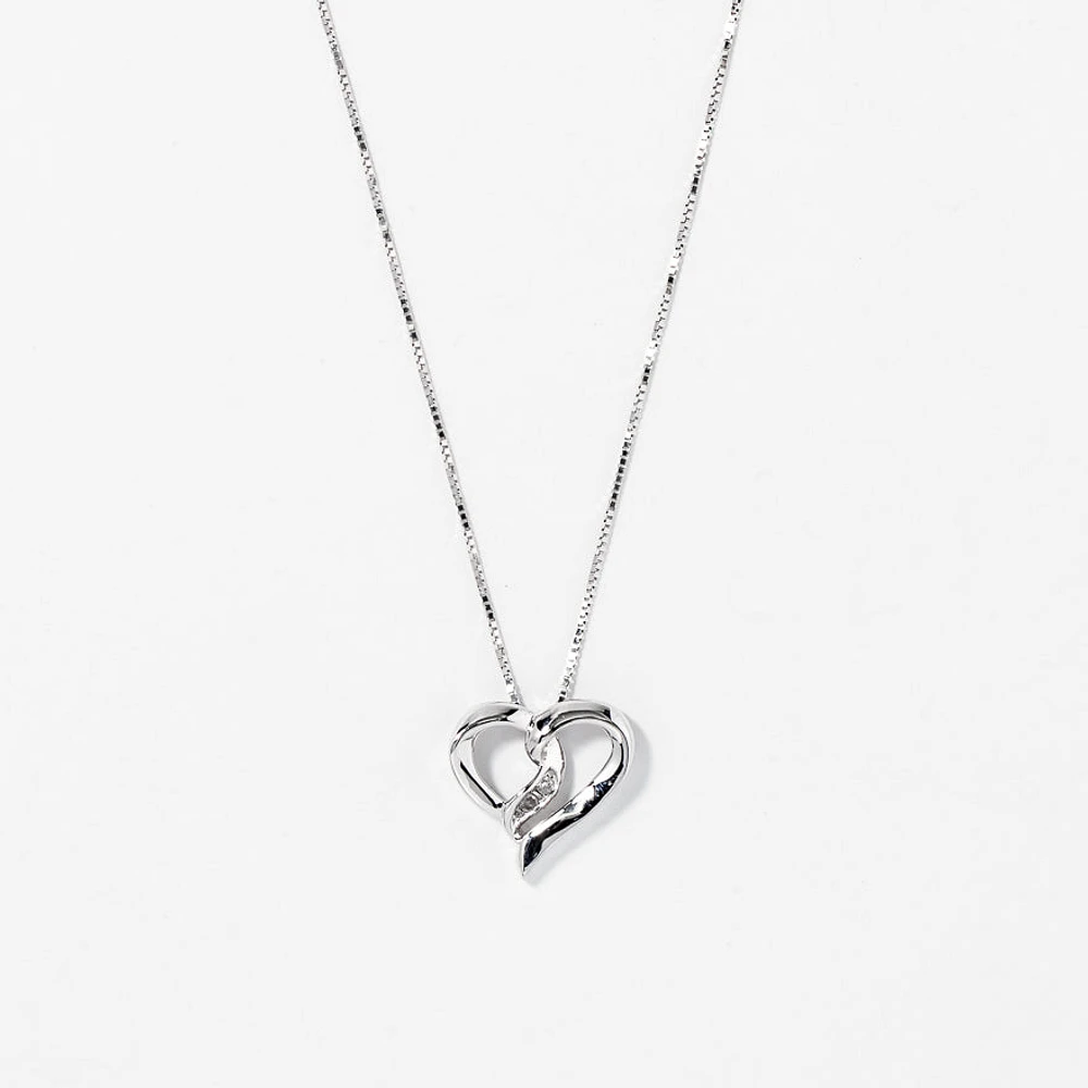 Diamond Heart Ribbon Necklace in 10K White Gold (0.015ct tw)