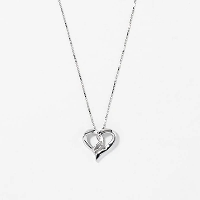 Diamond Heart Ribbon Necklace in 10K White Gold (0.015ct tw)