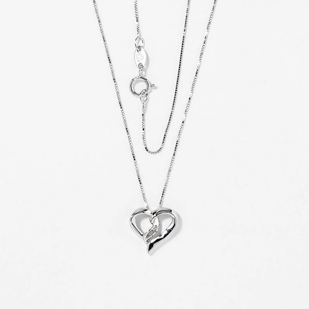 Diamond Heart Ribbon Necklace in 10K White Gold (0.015ct tw)