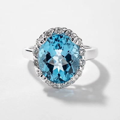 Blue Topaz Ring with Diamond Accents 10K White Gold