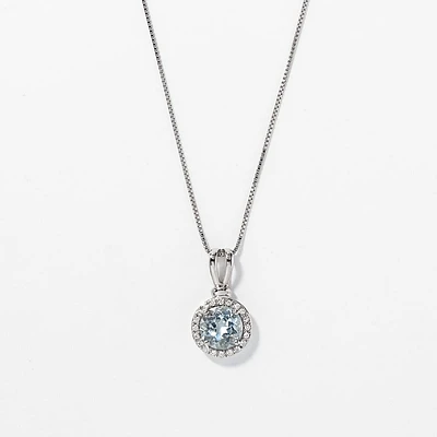 Round Aquamarine and Halo Diamond Pendant Necklace in 10K White Gold