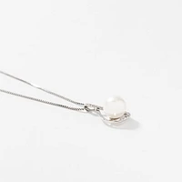 Cultured Pearl Eternity Style Diamond Pendant Necklace in 10K White Go