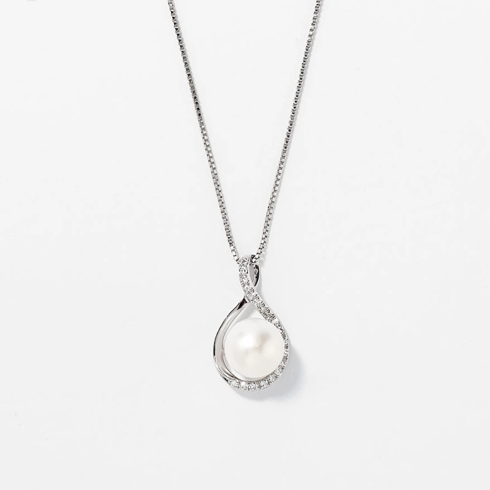 Cultured Pearl Eternity Style Diamond Pendant Necklace in 10K White Go