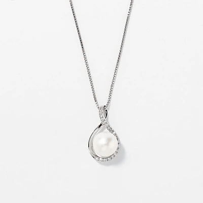 Cultured Pearl Eternity Style Diamond Pendant Necklace in 10K White Go