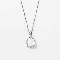 Cultured Pearl Eternity Style Diamond Pendant Necklace in 10K White Go