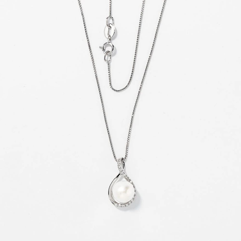 Cultured Pearl Eternity Style Diamond Pendant Necklace in 10K White Go