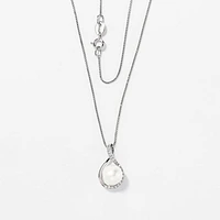 Cultured Pearl Eternity Style Diamond Pendant Necklace in 10K White Go