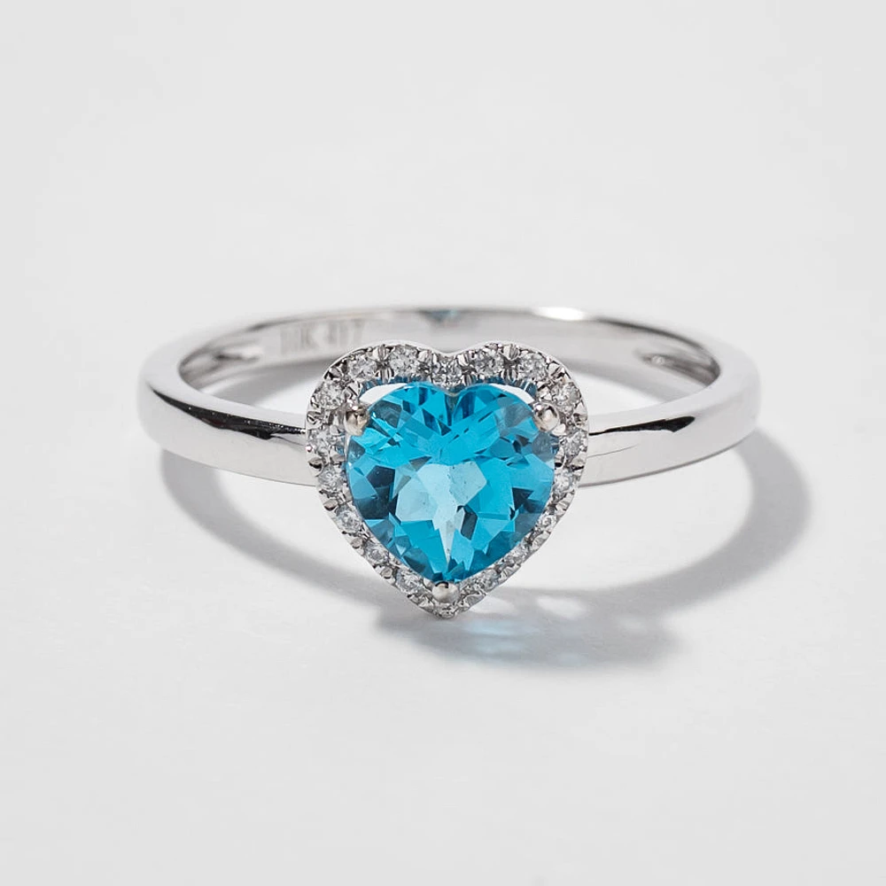 Heart Shape Blue Topaz Ring With Diamond Accents 10K White Gold