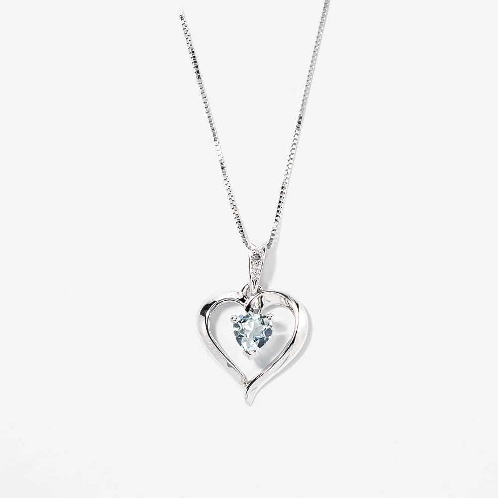 Heart Shaped Aquamarine Diamond Necklace in 10K White Gold