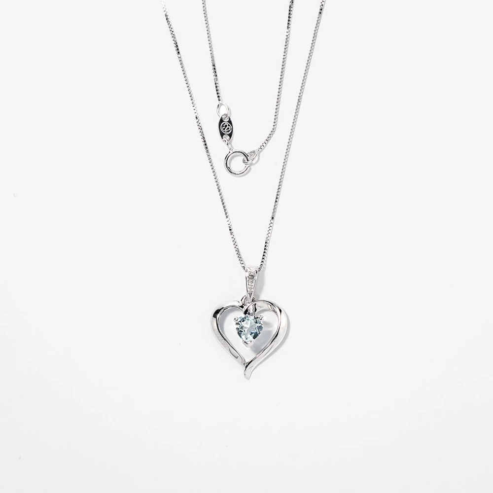 Heart Shaped Aquamarine Diamond Necklace in 10K White Gold