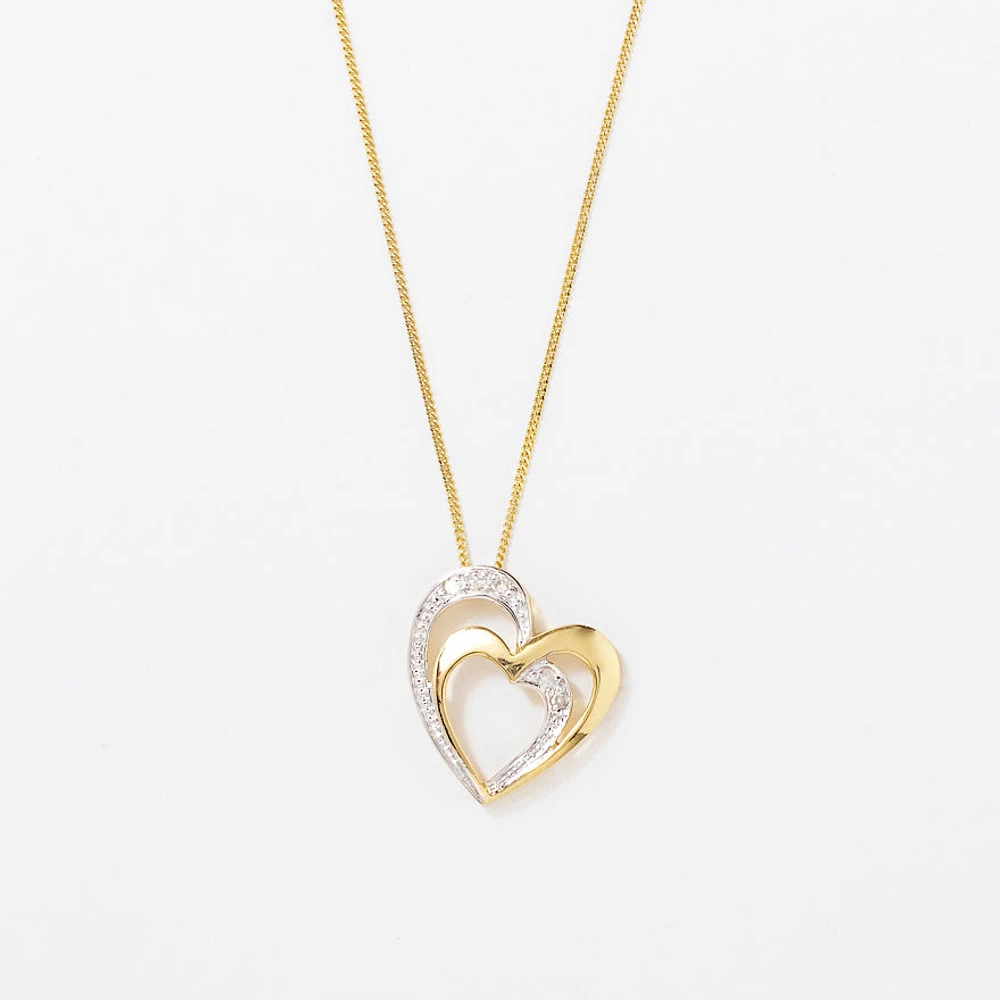 Double Heart Diamond Pavé Necklace in 10K Yellow Gold (0.03ct tw)