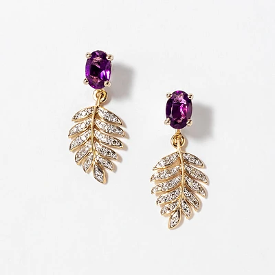 Amethyst Earrings Diamond Leaf in 10K Yellow Gold
