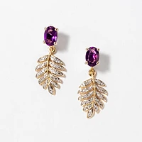 Amethyst Earrings Diamond Leaf in 10K Yellow Gold