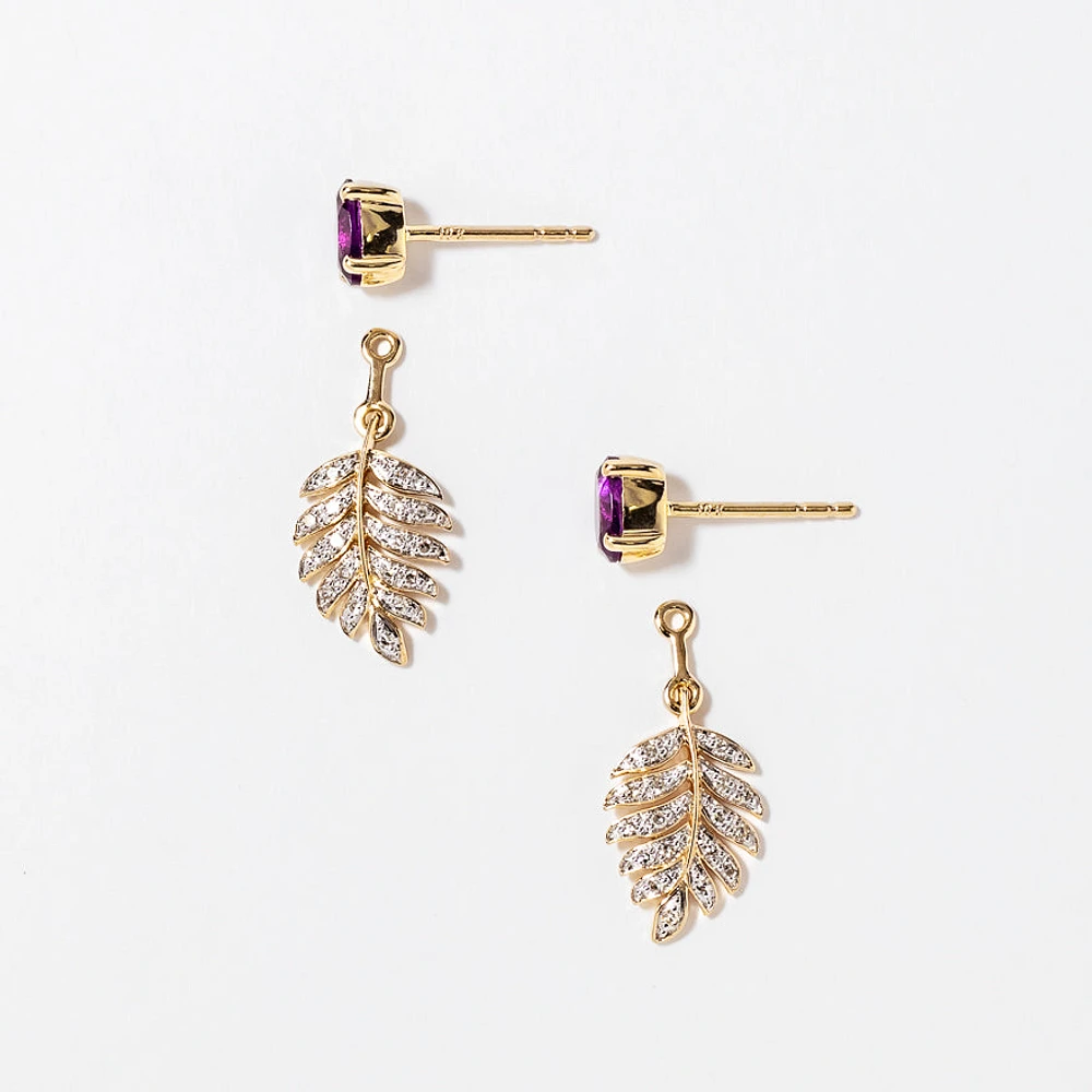 Amethyst Earrings Diamond Leaf in 10K Yellow Gold