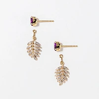 Amethyst Earrings Diamond Leaf in 10K Yellow Gold